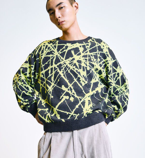 SHIPS「City Ambient Products:〈手洗い可能〉ペイント ジャカード クルーネック ニット」|ニット・セーター|チャコールグレー