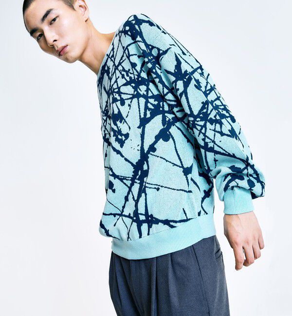 SHIPS「City Ambient Products:〈手洗い可能〉ペイント ジャカード クルーネック ニット」|ニット・セーター|ライトブルー