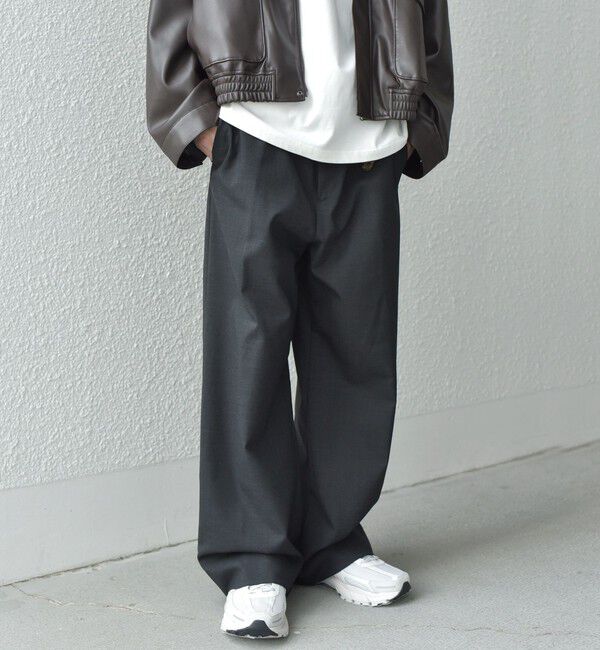 SHIPS any「SHIPS any: ウール混 ハイライズ セミフレア ワイドパンツ (セットアップ対応)◇」|チノ|ダークグレー