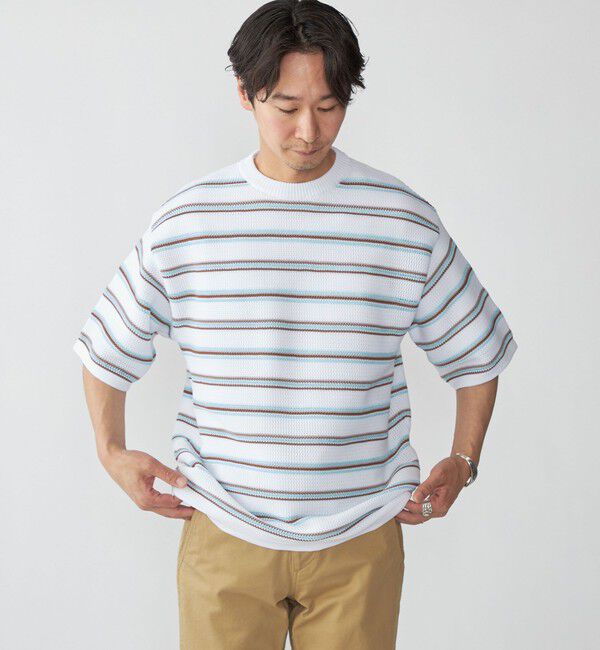 SHIPS「SHIPS:〈手洗い可能〉Amossa(R) メッシュ ボーダー ニット Tシャツ」|ニット・セーター|