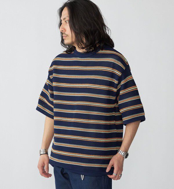 SHIPS「SHIPS:〈手洗い可能〉Amossa(R) メッシュ ボーダー ニット Tシャツ」|ニット・セーター|