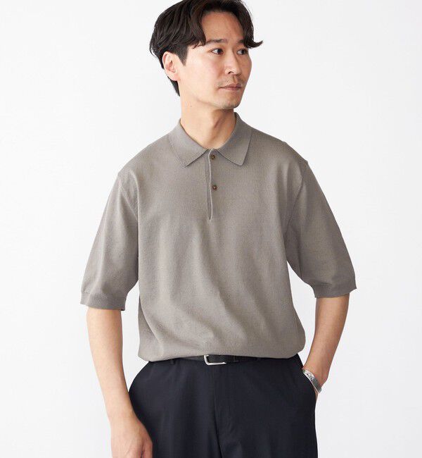 SHIPS「SHIPS: リネン&times;TEXBRID ニット ポロシャツ」|ニット・セーター|オリーブ