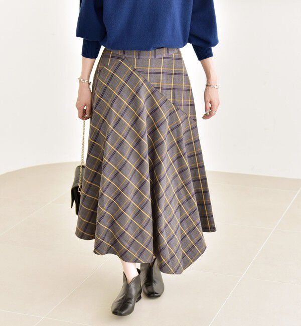quaranciel「quaranciel:〈洗濯機可能〉アシンメトリー ヘム フレア チェック スカート」|スカート|
