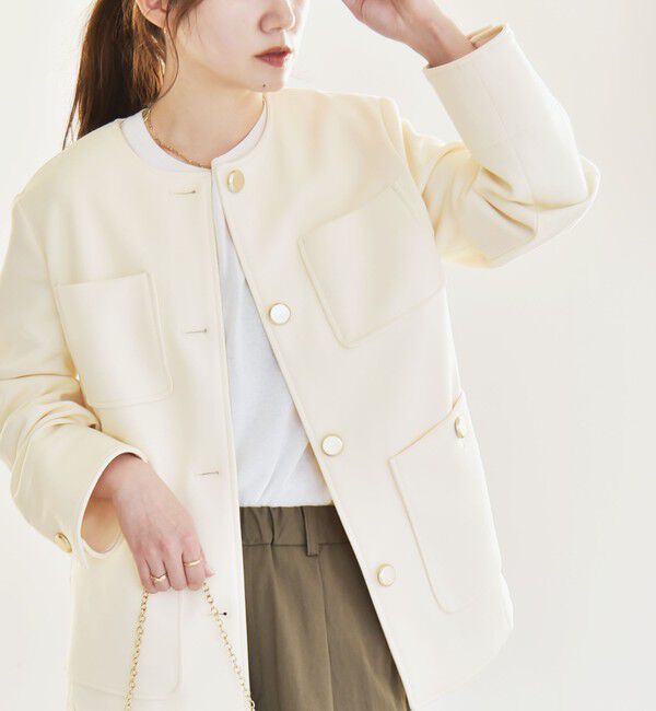 quaranciel「quaranciel:〈手洗い可能〉ジャージー ポケット ノーカラー ジャケット」|ノーカラージャケット|