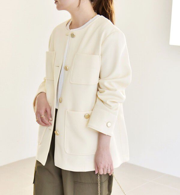 quaranciel「quaranciel:〈手洗い可能〉ジャージー ポケット ノーカラー ジャケット」|ノーカラージャケット|