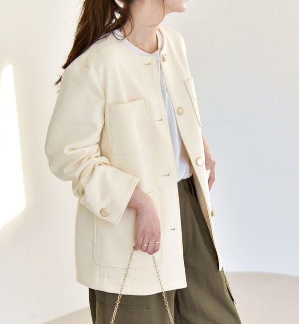 quaranciel「quaranciel:〈手洗い可能〉ジャージー ポケット ノーカラー ジャケット」|ノーカラージャケット|