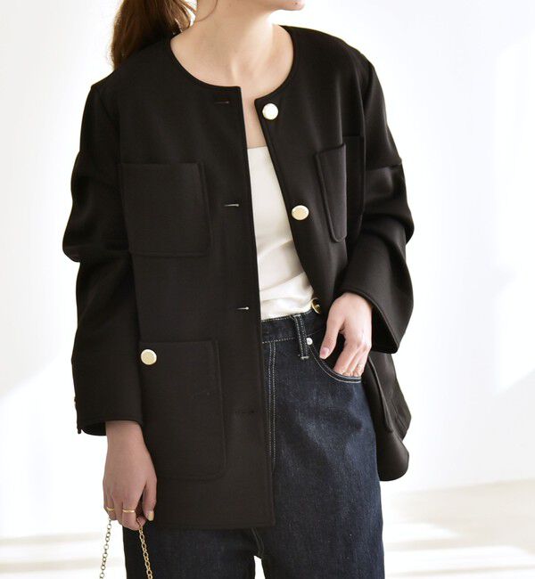 quaranciel「quaranciel:〈手洗い可能〉ジャージー ポケット ノーカラー ジャケット」|ノーカラージャケット|