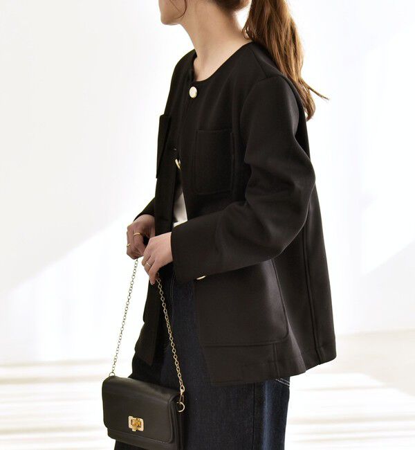 quaranciel「quaranciel:〈手洗い可能〉ジャージー ポケット ノーカラー ジャケット」|ノーカラージャケット|