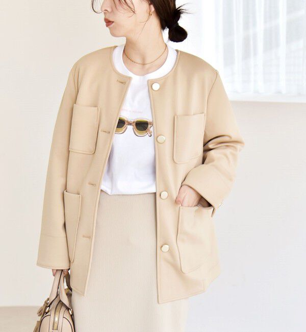 quaranciel「quaranciel:〈手洗い可能〉ジャージー ポケット ノーカラー ジャケット」|ノーカラージャケット|