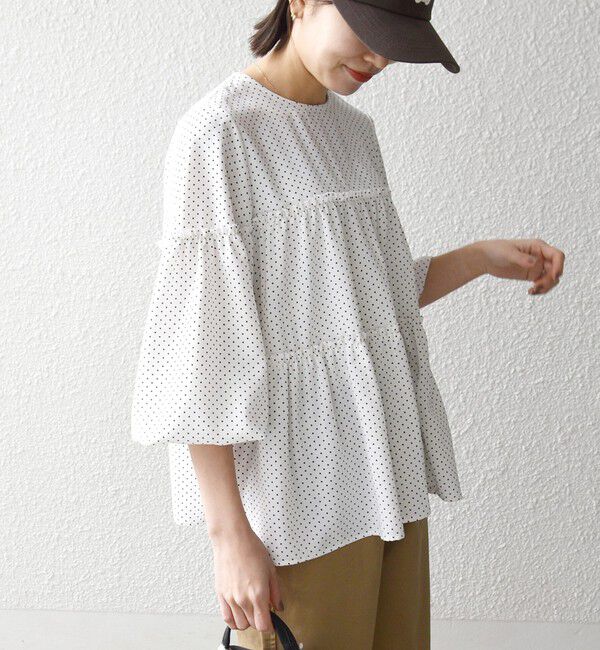 SHIPS any「SHIPS any:〈洗濯機可能〉ドット ノーカラー ティアード フレア ブラウス」|シャツ・ブラウス|