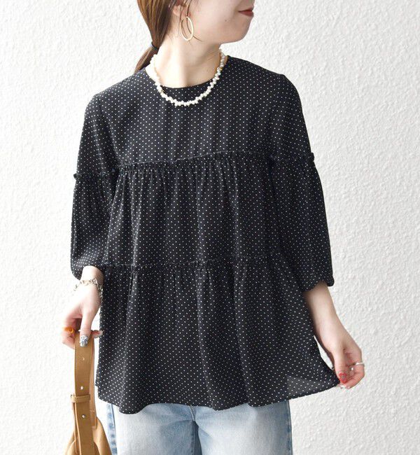 SHIPS any「SHIPS any:〈洗濯機可能〉ドット ノーカラー ティアード フレア ブラウス」|シャツ・ブラウス|