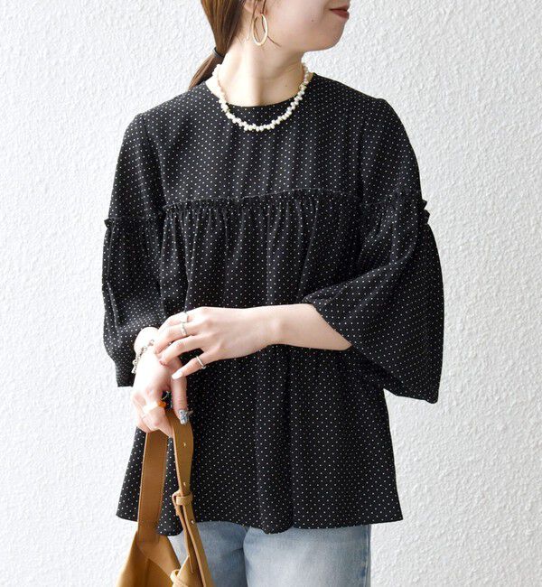 SHIPS any「SHIPS any:〈洗濯機可能〉ドット ノーカラー ティアード フレア ブラウス」|シャツ・ブラウス|