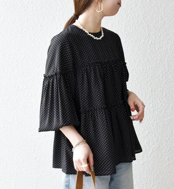 SHIPS any「SHIPS any:〈洗濯機可能〉ドット ノーカラー ティアード フレア ブラウス」|シャツ・ブラウス|