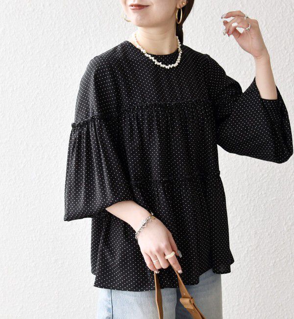 SHIPS any「SHIPS any:〈洗濯機可能〉ドット ノーカラー ティアード フレア ブラウス」|シャツ・ブラウス|