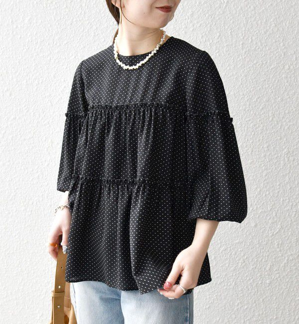 SHIPS any「SHIPS any:〈洗濯機可能〉ドット ノーカラー ティアード フレア ブラウス」|シャツ・ブラウス|