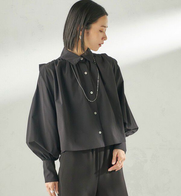 SHIPS for women「《予約》堀田茜&times;SHIPS:〈接触冷感/撥水/洗濯機可能〉TEXBRID ギャザー ブラウス」|シャツ・ブラウス|ブラック