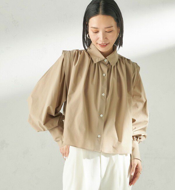SHIPS for women「《予約》堀田茜&times;SHIPS:〈接触冷感/撥水/洗濯機可能〉TEXBRID ギャザー ブラウス」|シャツ・ブラウス|ベージュ系