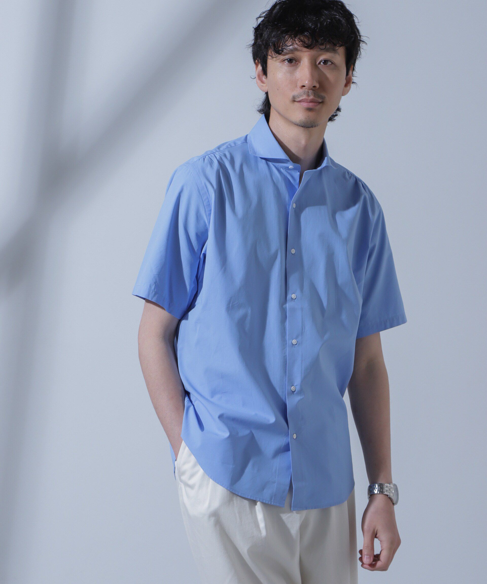 nano･universe「「N SHIRTS」AntiSoaked(R)汗染み防止ホリゾンタルカラーシャツ半袖」|シャツ・ブラウス|サックス5