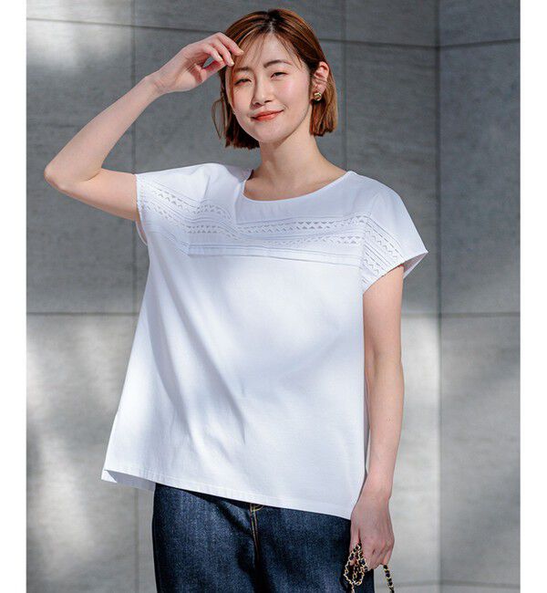 23区「【洗える】アイレットジャージー フレンチスリーブ カットソー」|Tシャツ・カットソー|ホワイト系