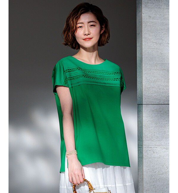 23区「【洗える】アイレットジャージー フレンチスリーブ カットソー」|Tシャツ・カットソー|グリーン系