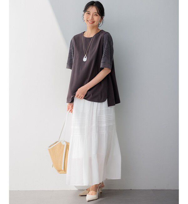 23区「【洗える】エンブロイダリー コンビジャージー カットソー」|Tシャツ・カットソー|