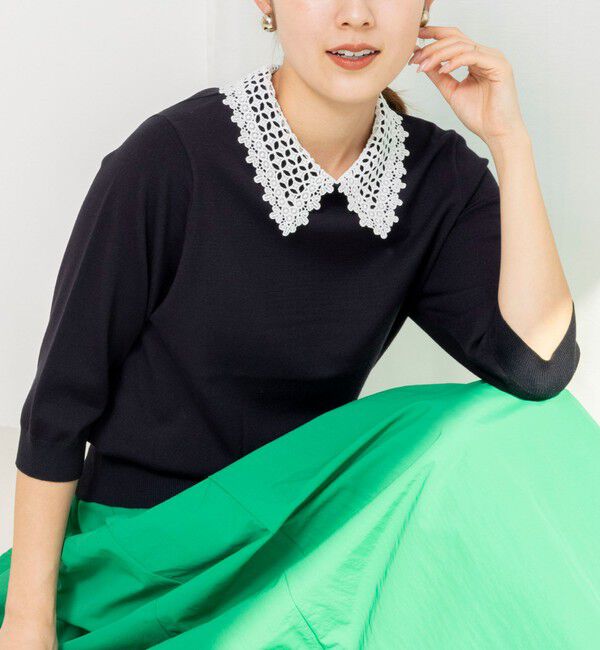 NOLLEY'S「【WEB＆一部店舗限定カラー】《手洗い可能》襟レース取り外し6分袖プルオーバー」|ニット・セーター|ネイビー