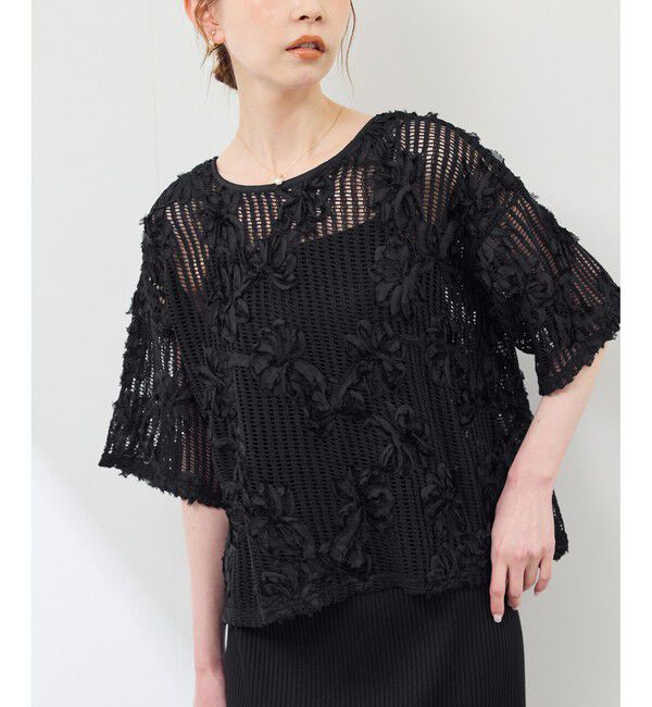 Rope&rsquo;Picnic「メッシュコード刺繍プルオーバー」|Tシャツ・カットソー|ブラック(01)