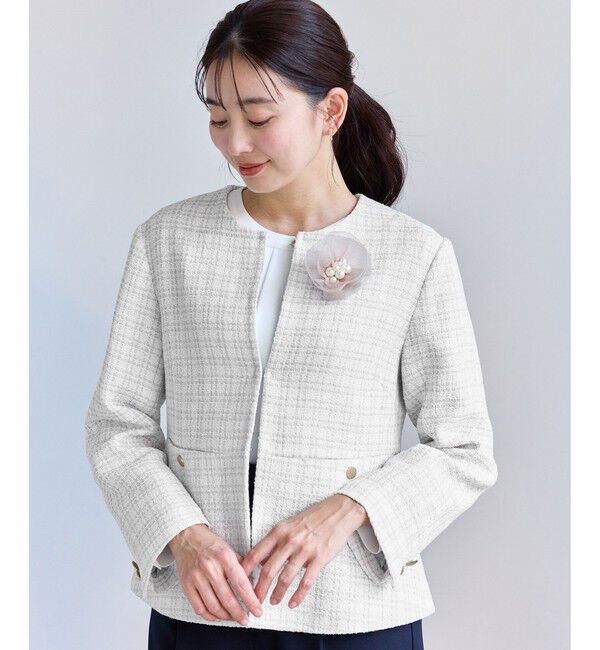 Rope&rsquo;Picnic「【WEB限定カラー】ツイードフレアジャケット/入卒式・セレモニー対応・リンクコーデ」|ノーカラージャケット|オフホワイト(15)