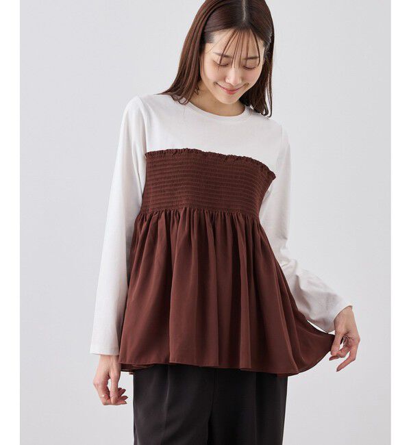 Rope&rsquo;Picnic「シャーリングビスチェ風ドッキングロングスリーブカットソー/リンクコーデ」|Tシャツ・カットソー|ブラウン系(21)