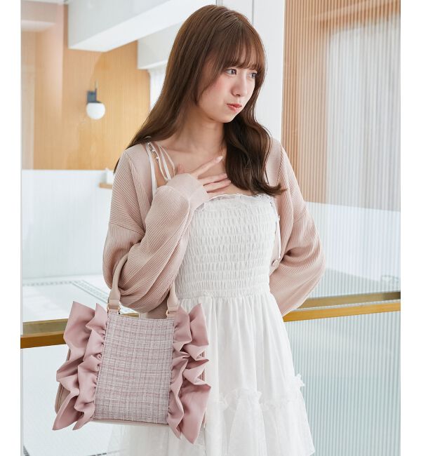  「ツイードフリルショルダーバッグ」|ショルダー・メッセンジャー|ピンク
