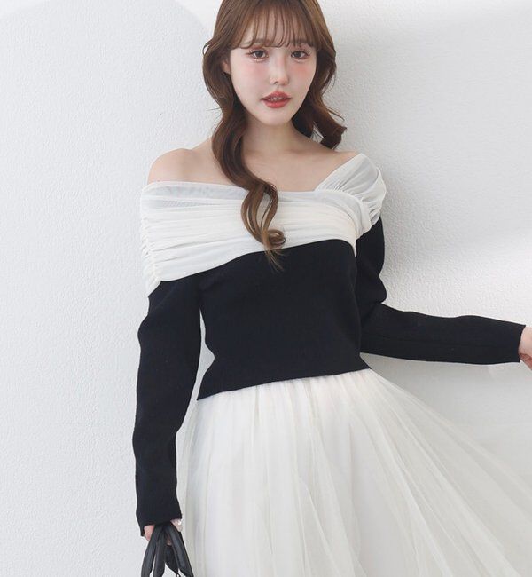  「異素材ドッキングオフショルニット」|ニット・セーター|ブラック