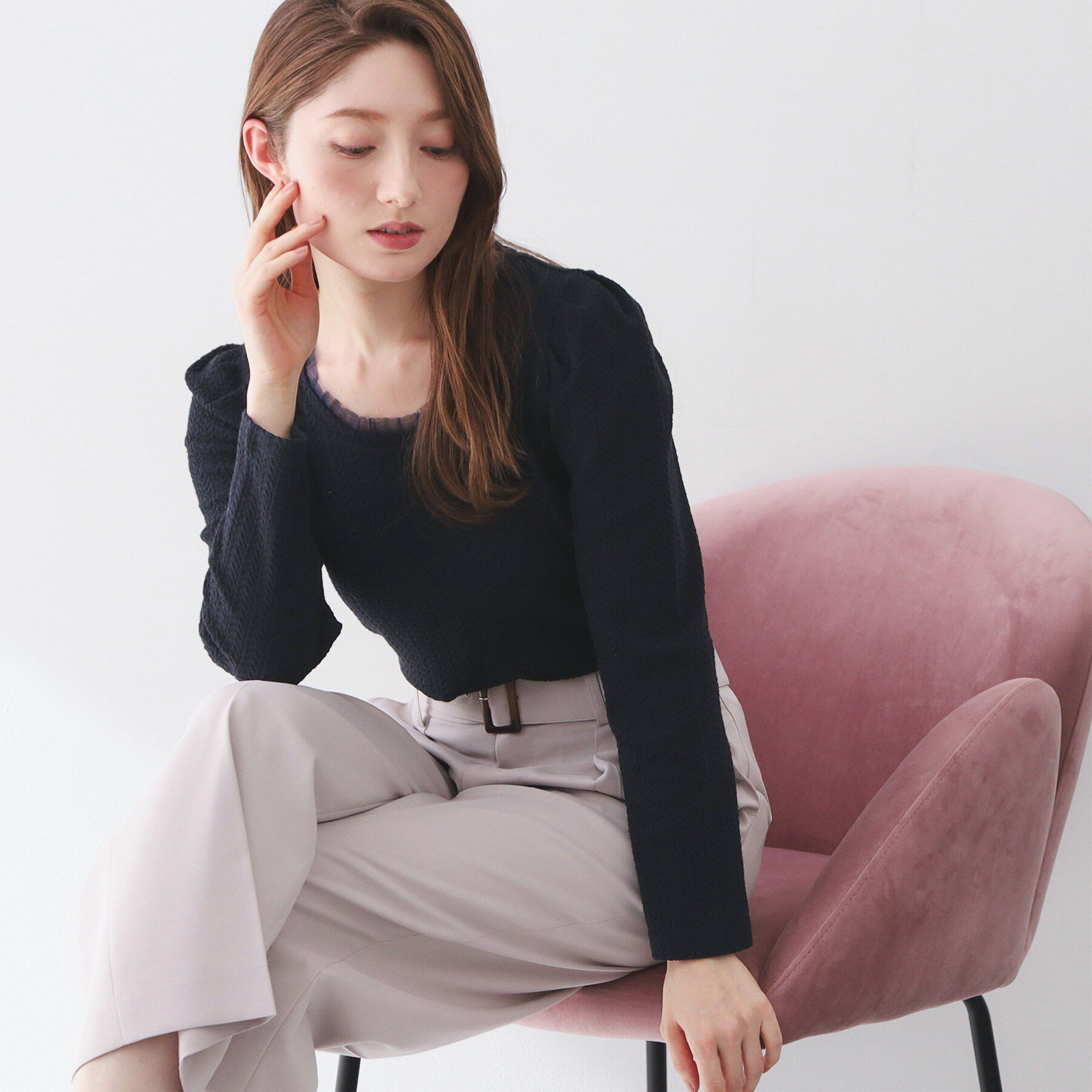 index「衿チュールデザインケーブルジャガードトップス【洗濯機OK】」|Tシャツ・カットソー|ネイビー(094)