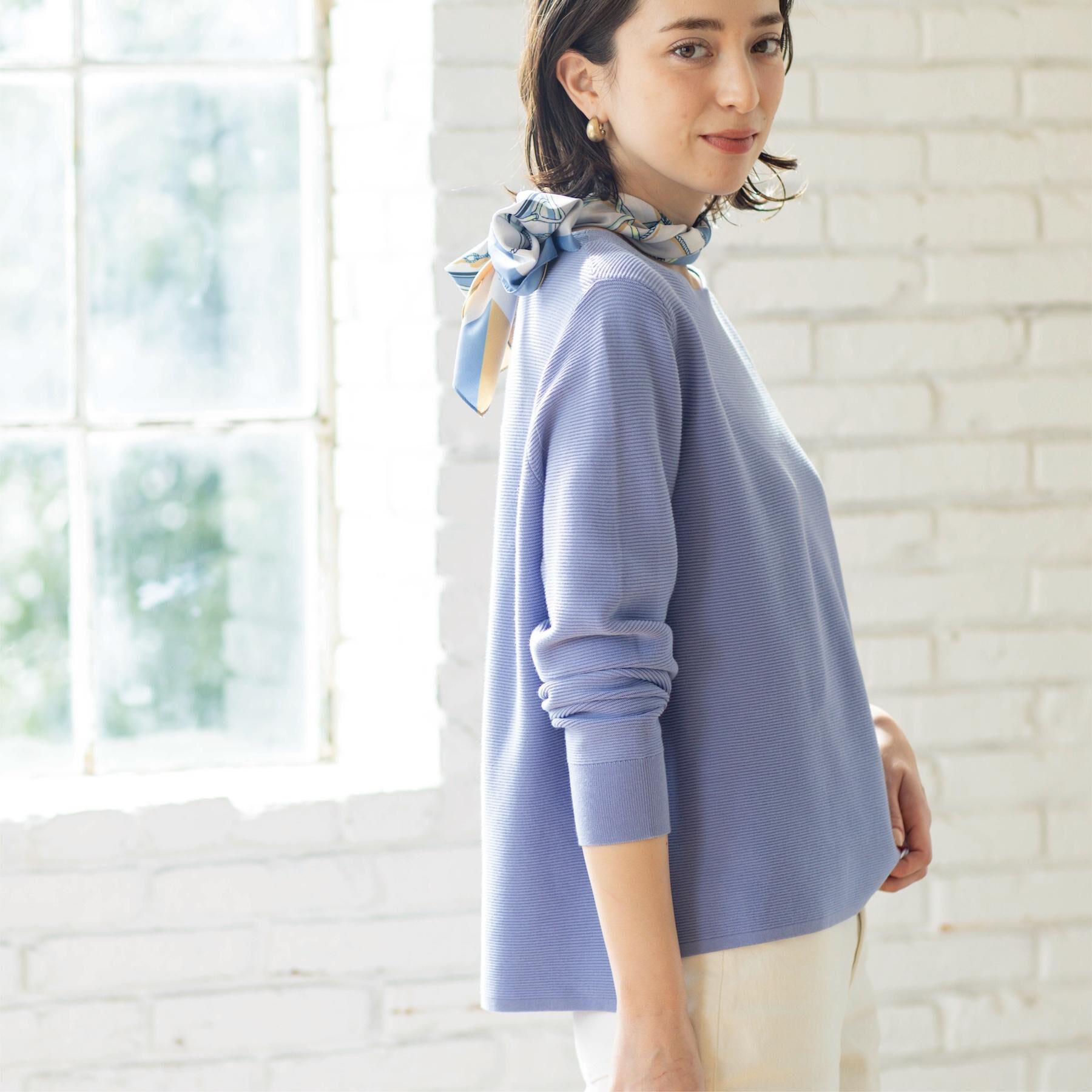 OPAQUE.CLIP「ボートネックガーターニット/オーガニックコットン混【洗濯機OK/UVケア】《6col》」|ニット・セーター|ブルー(091)