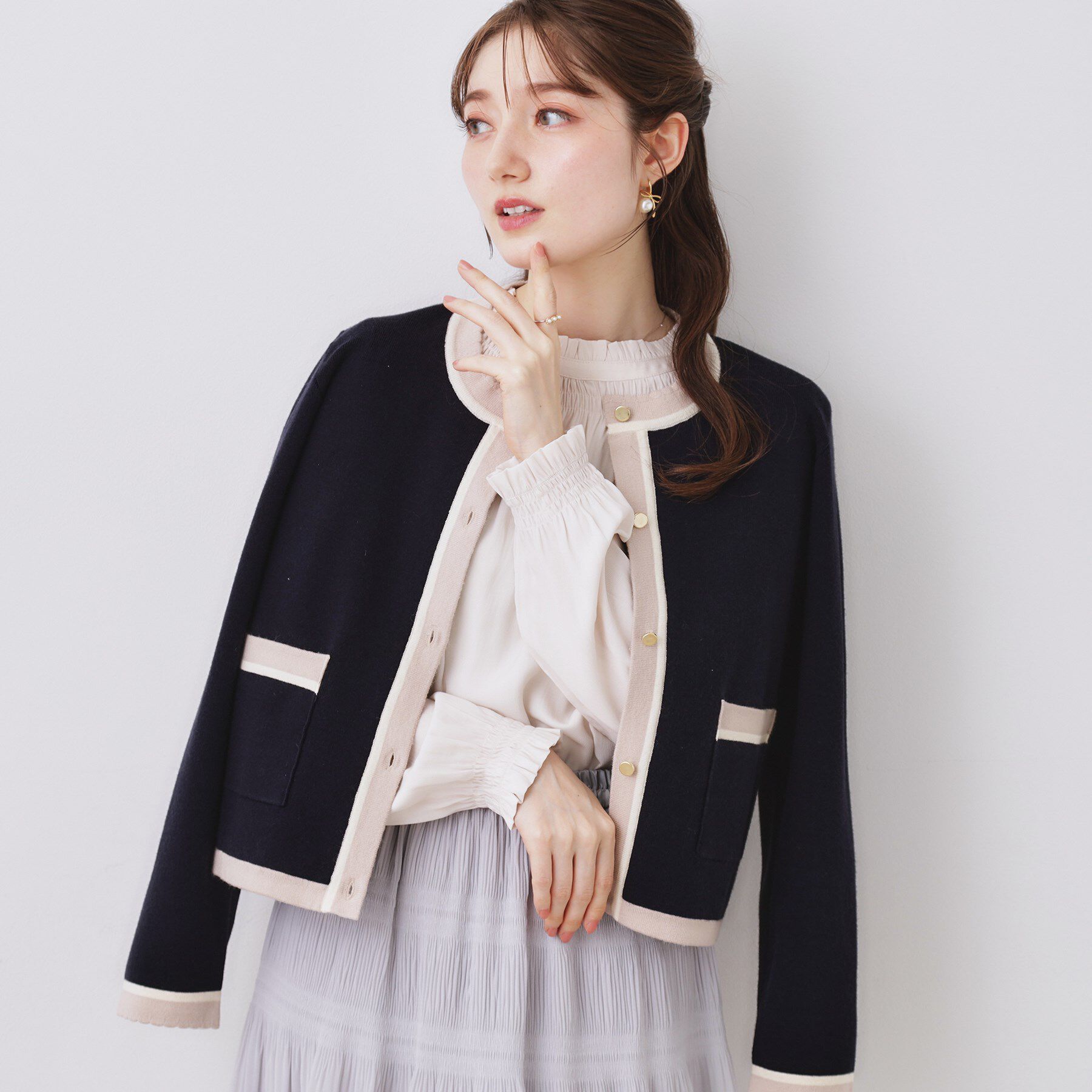 Couture broach「【ハレの日・通勤・着映え】配色 総針カーディガン」|カーディガン|