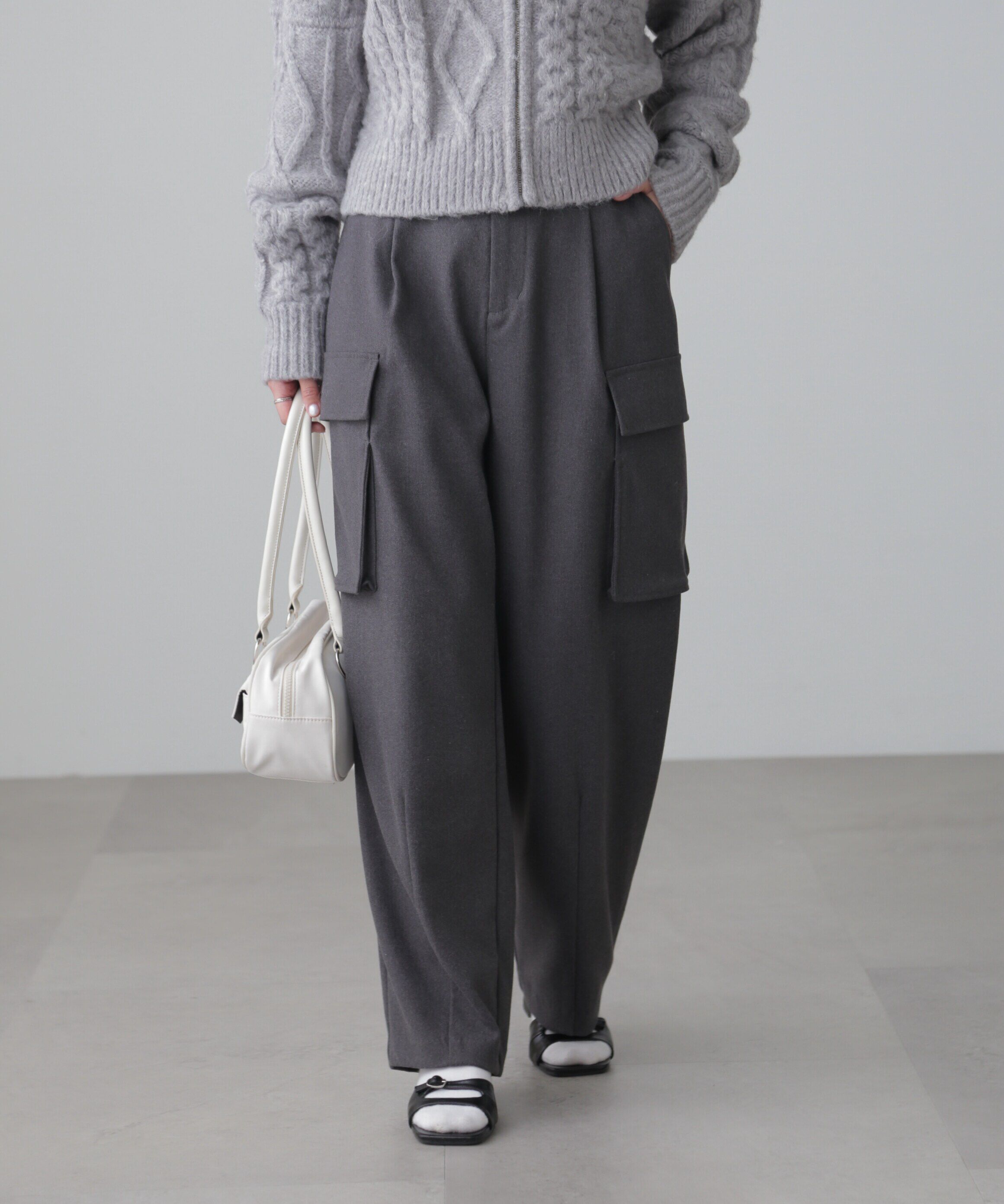  「ウールライクカーゴワイドパンツ」|その他|チャコールグ