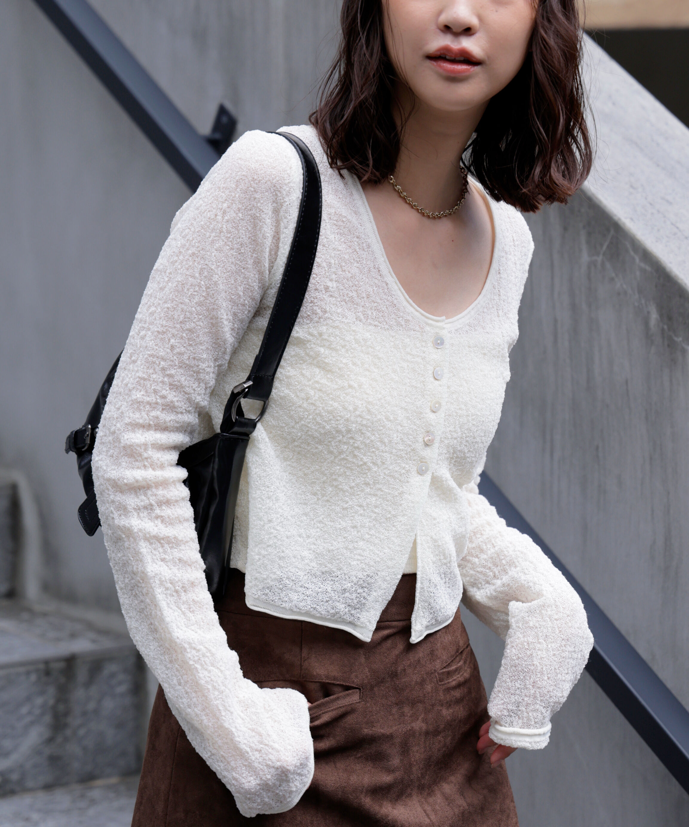  「シアーラウンドネックニットカーディガン」|ニット・セーター|オフ