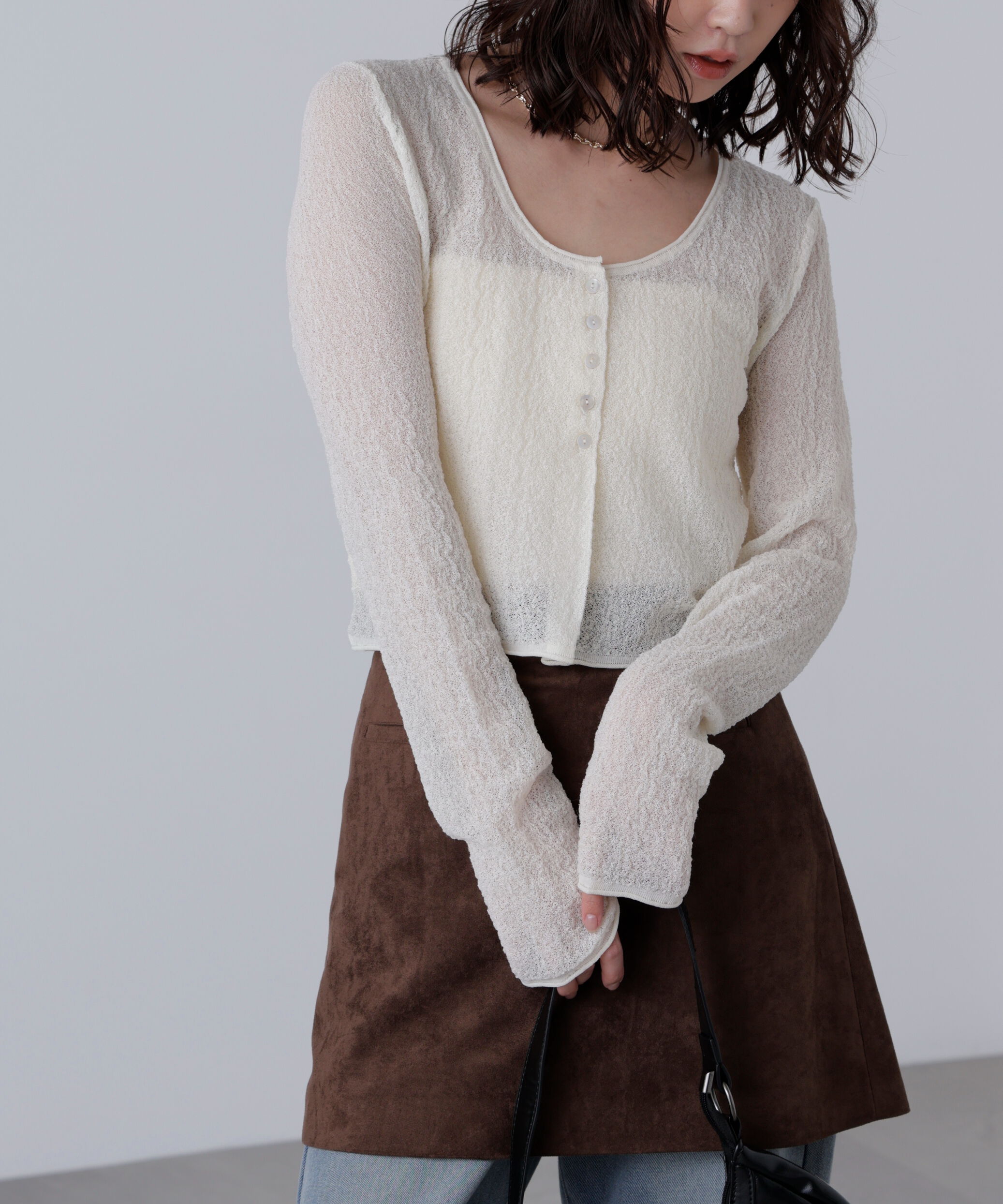  「シアーラウンドネックニットカーディガン」|ニット・セーター|