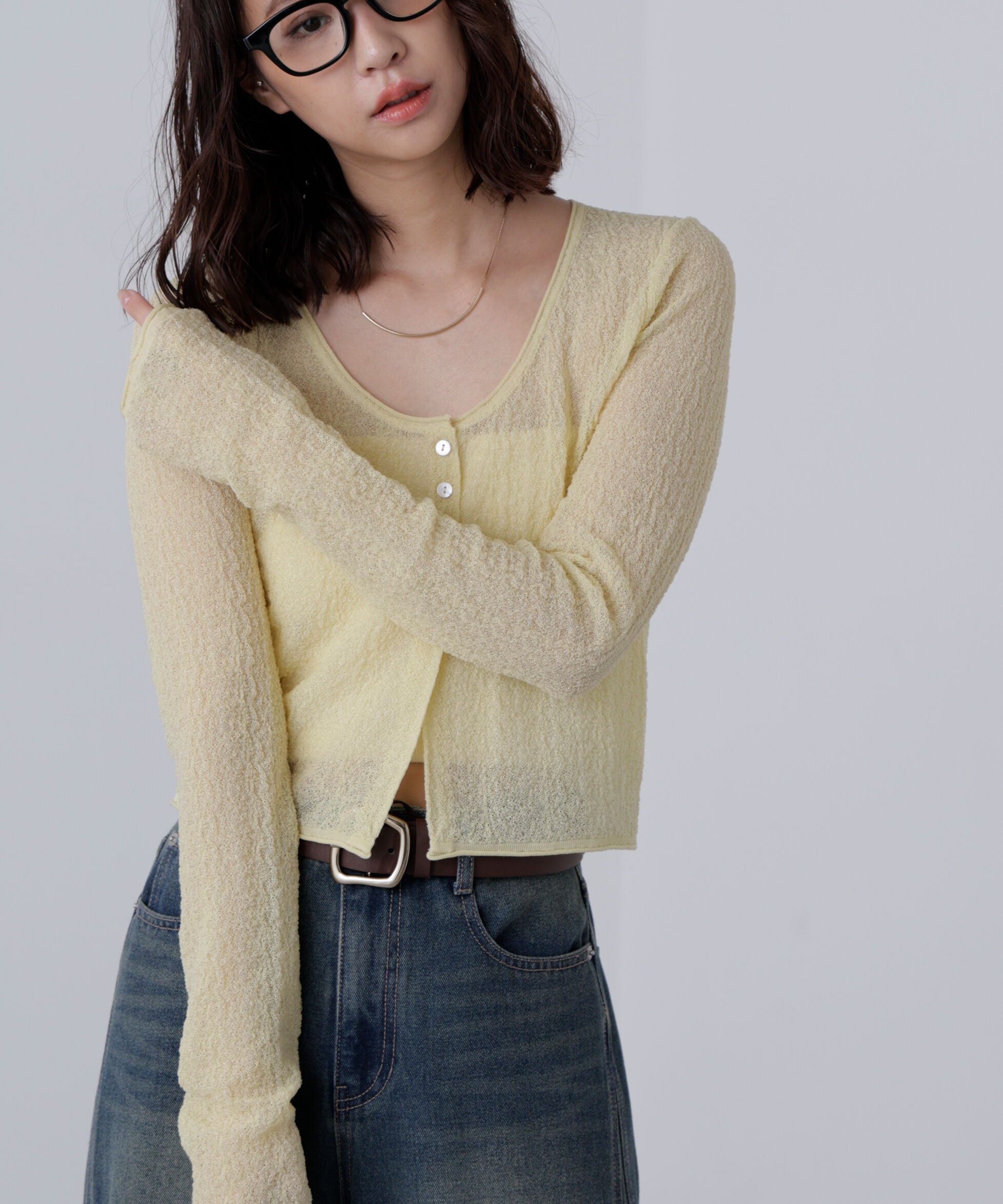  「シアーラウンドネックニットカーディガン」|ニット・セーター|