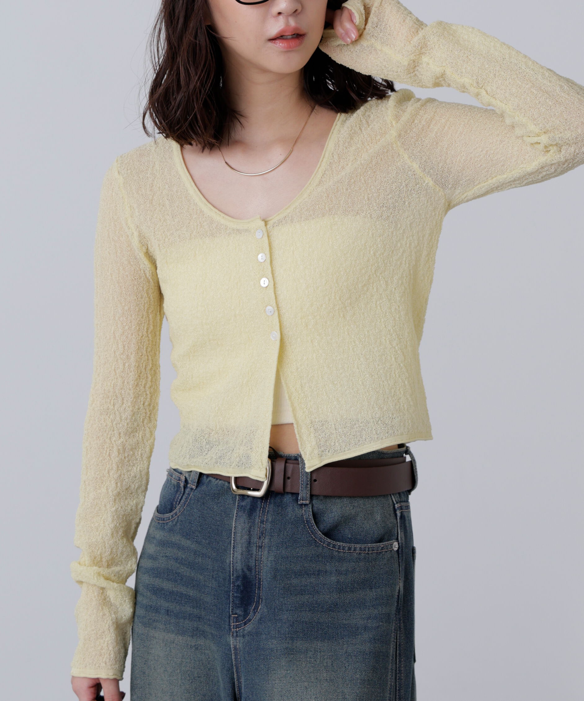  「シアーラウンドネックニットカーディガン」|ニット・セーター|