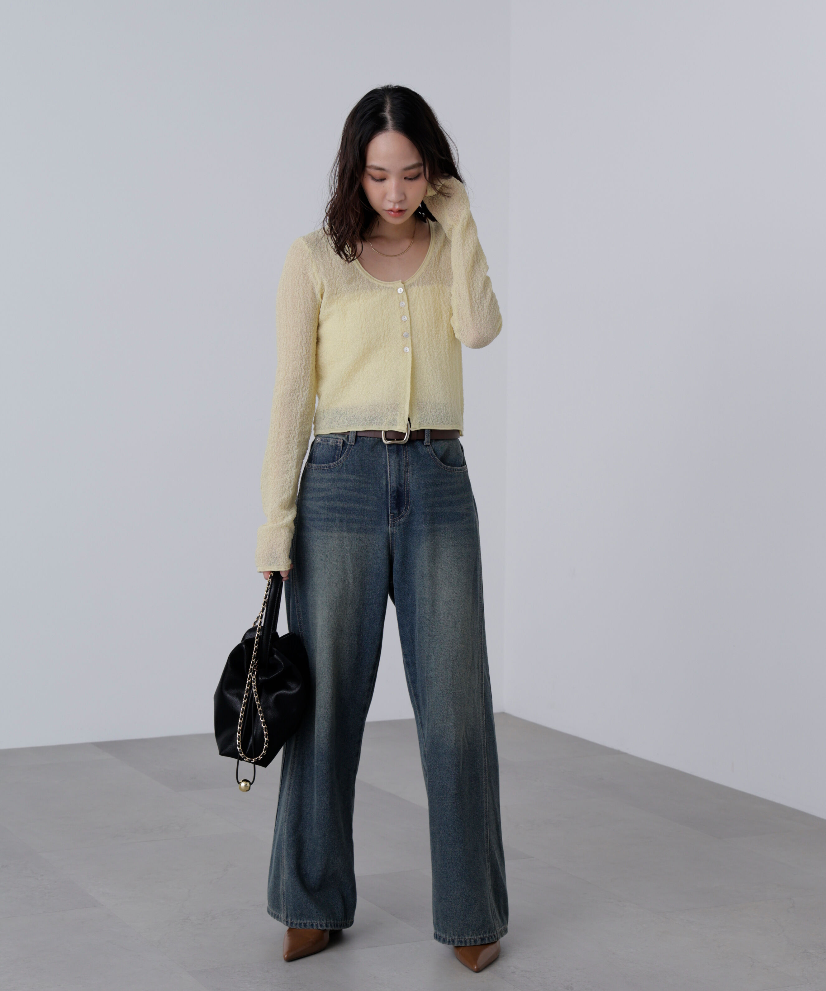  「シアーラウンドネックニットカーディガン」|ニット・セーター|