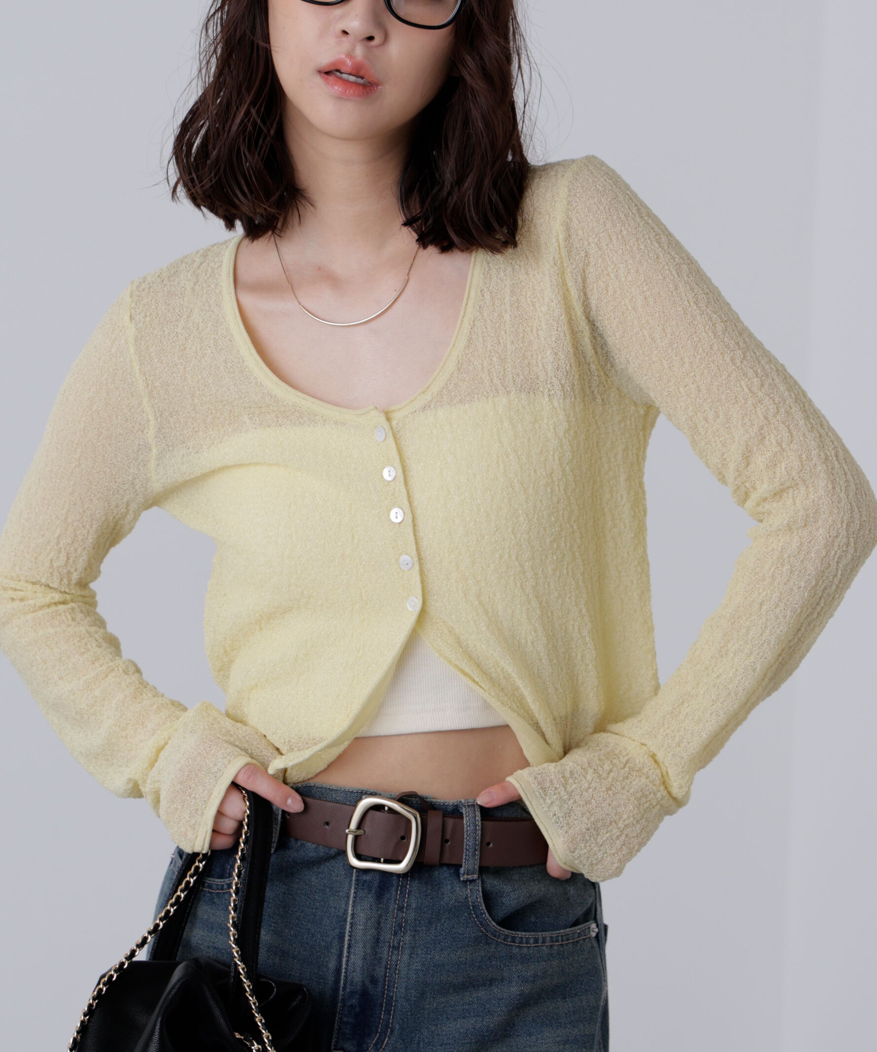  「シアーラウンドネックニットカーディガン」|ニット・セーター|