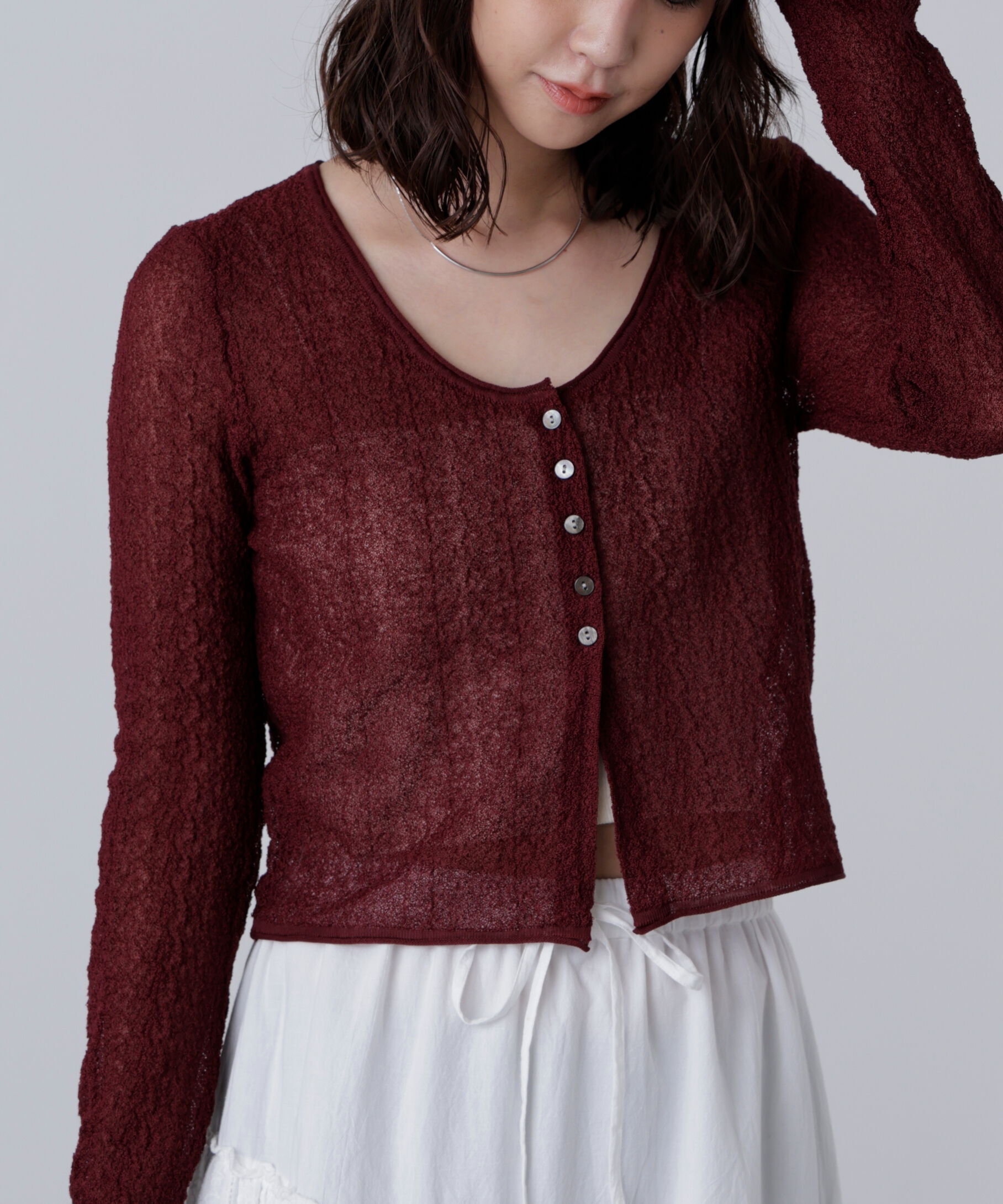  「シアーラウンドネックニットカーディガン」|ニット・セーター|