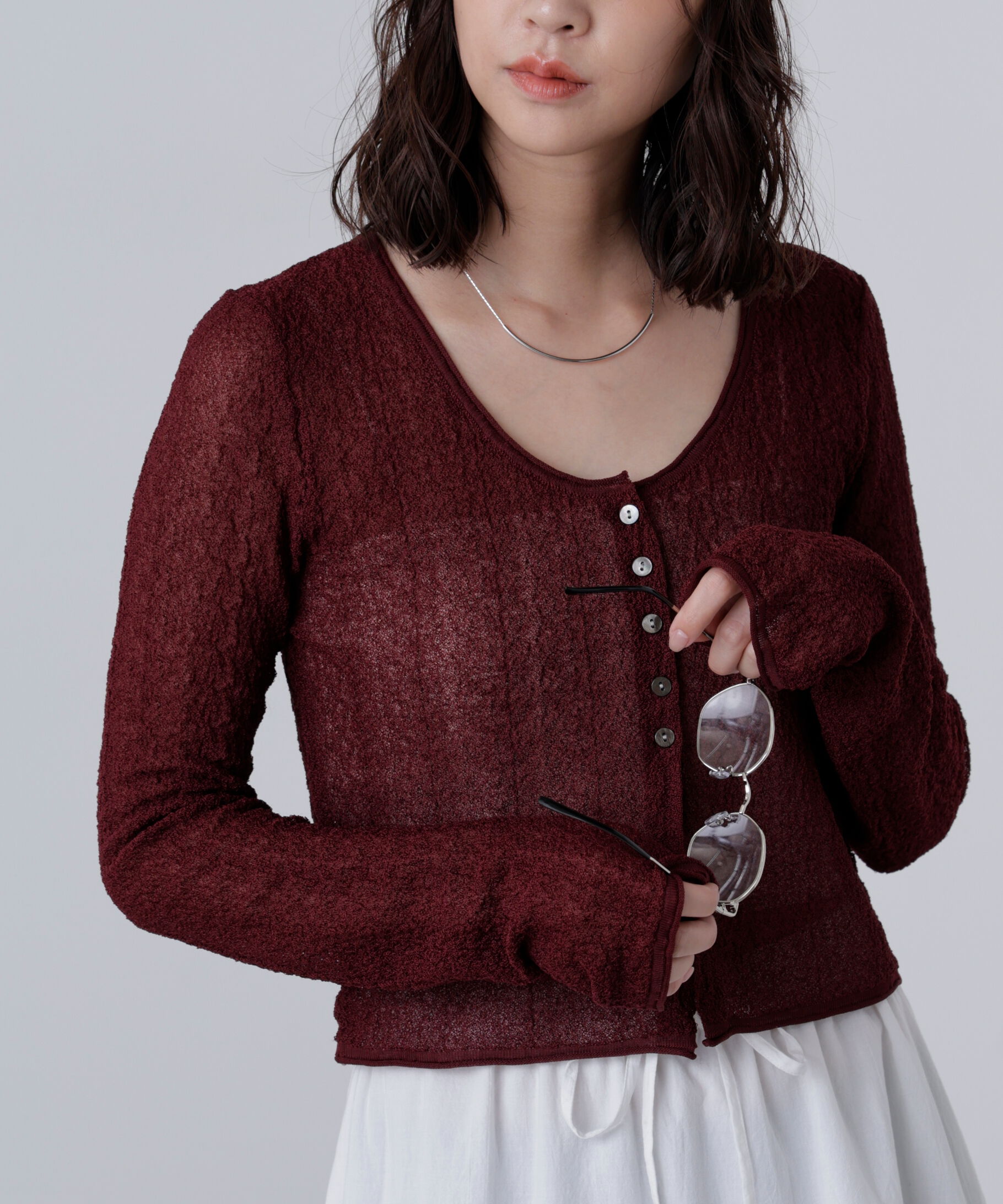  「シアーラウンドネックニットカーディガン」|ニット・セーター|