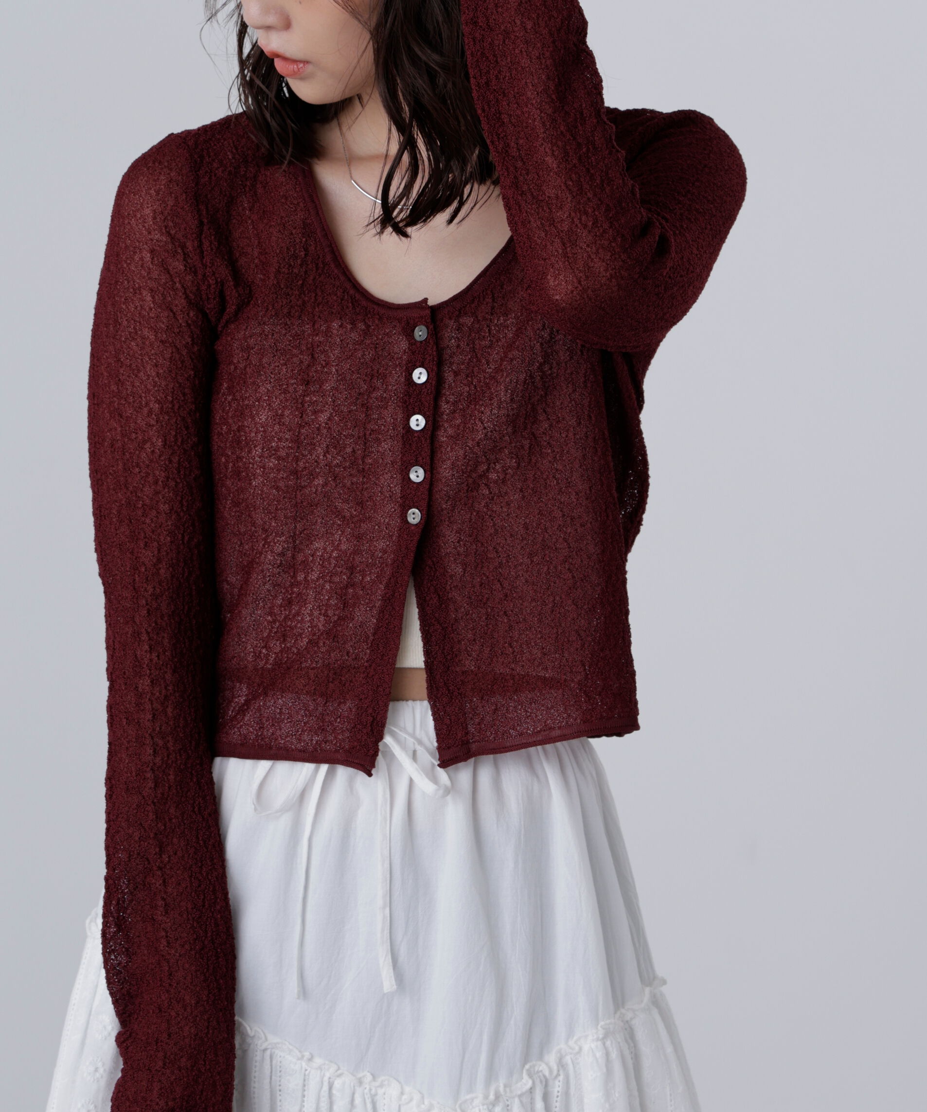  「シアーラウンドネックニットカーディガン」|ニット・セーター|