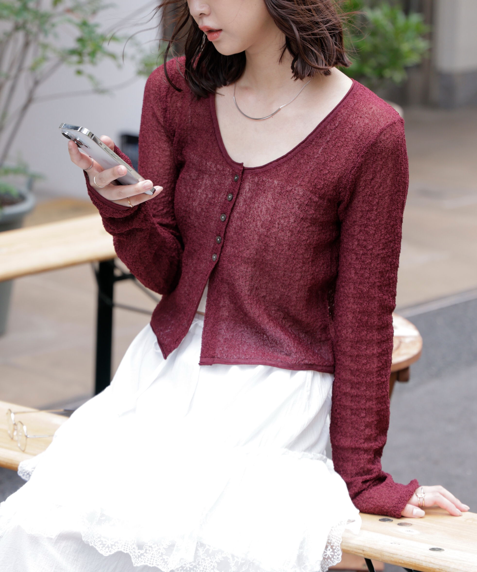  「シアーラウンドネックニットカーディガン」|ニット・セーター|