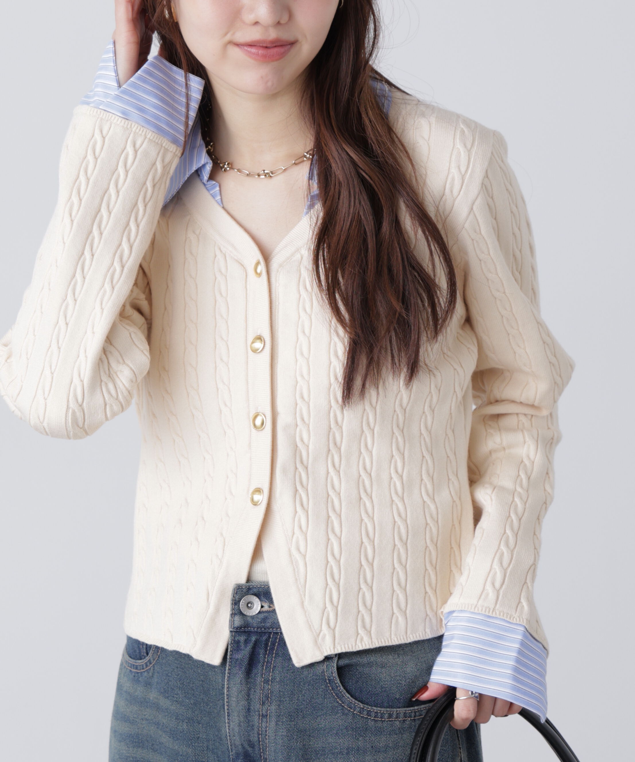  「シャツレイヤードゴールドボタンニット」|ニット・セーター|