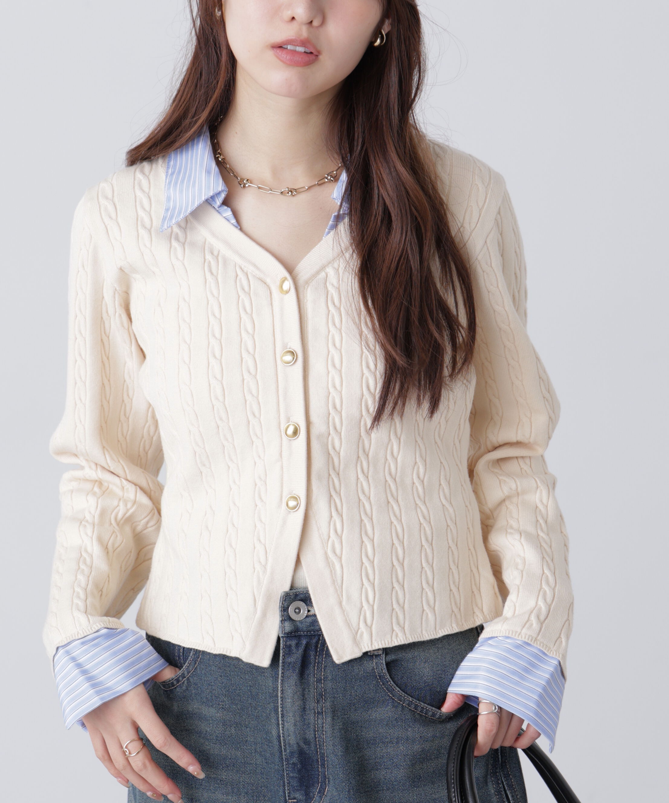  「シャツレイヤードゴールドボタンニット」|ニット・セーター|