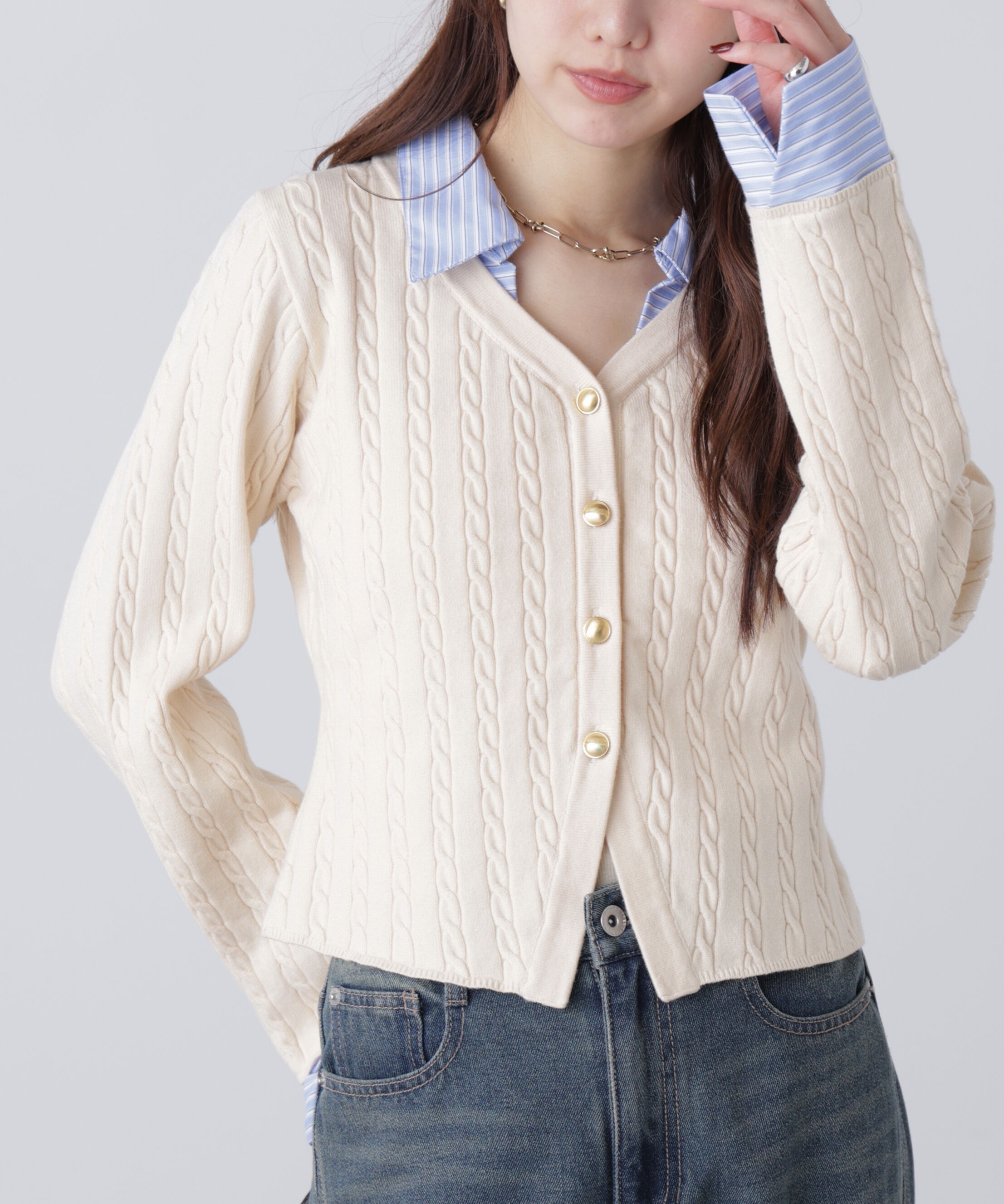  「シャツレイヤードゴールドボタンニット」|ニット・セーター|