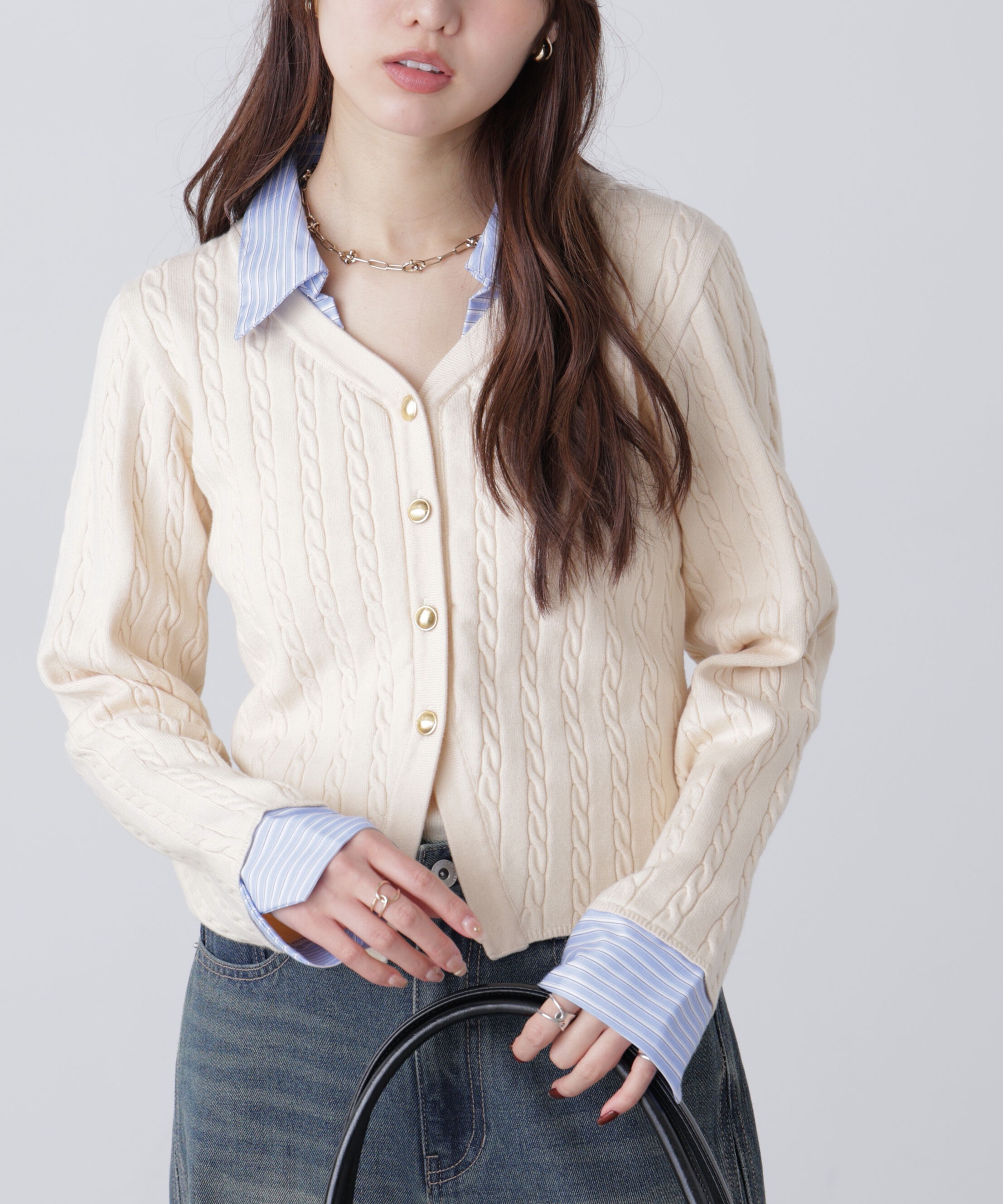  「シャツレイヤードゴールドボタンニット」|ニット・セーター|