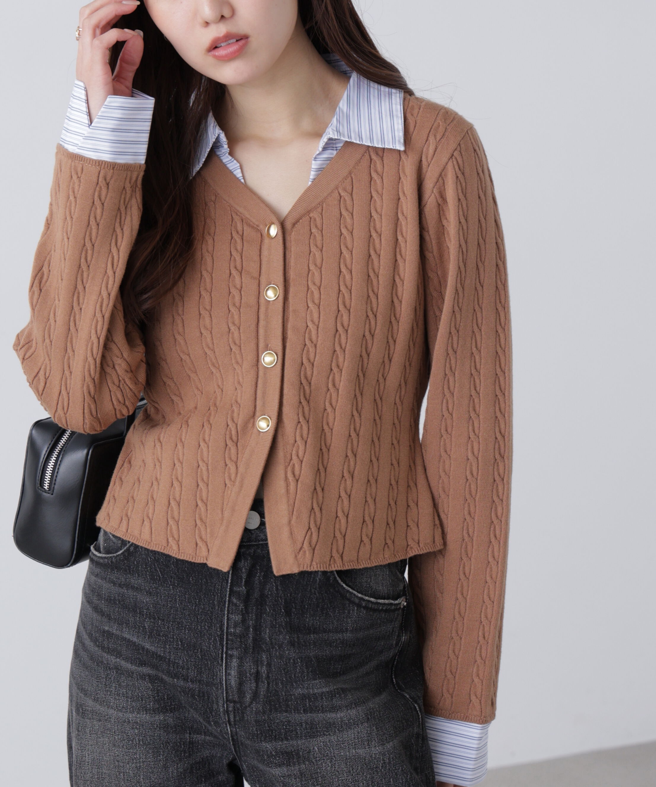  「シャツレイヤードゴールドボタンニット」|ニット・セーター|